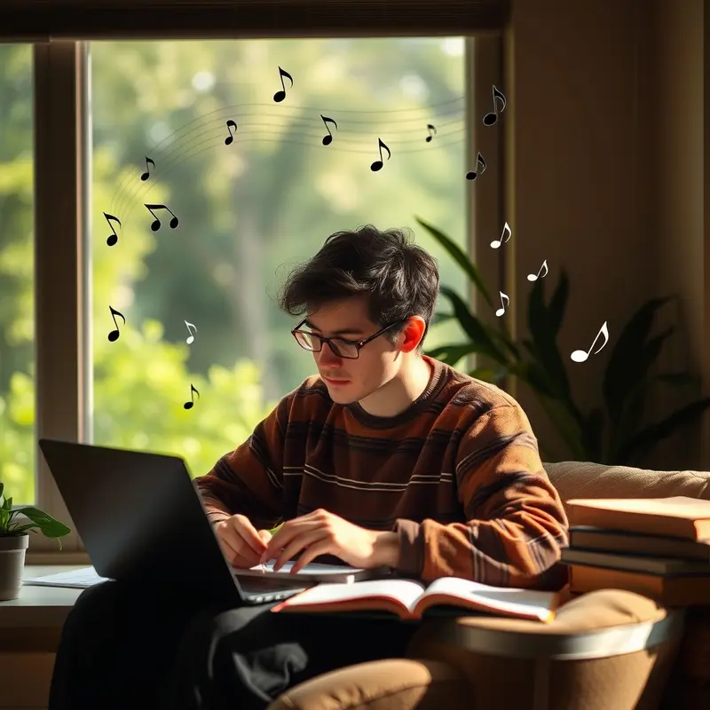 Imagery of a serene meditation experience enhanced by soothing music.