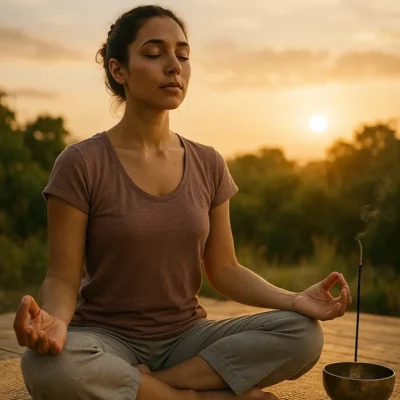 Collage of nature, urban meditation room, and meditation tech.